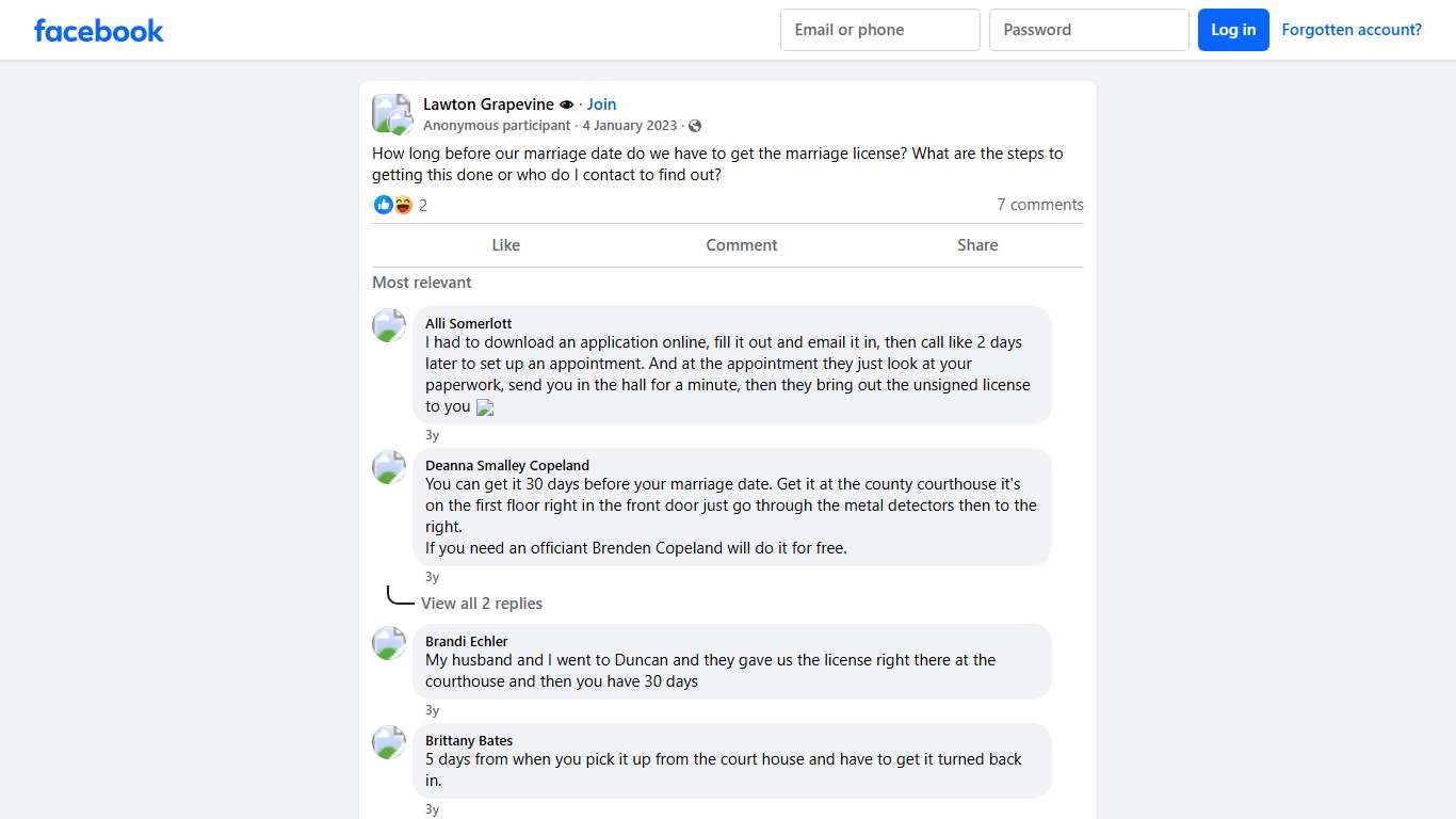 Lawton Grapevine 👁 How long before our marriage date do we have to get the marriage license Facebook